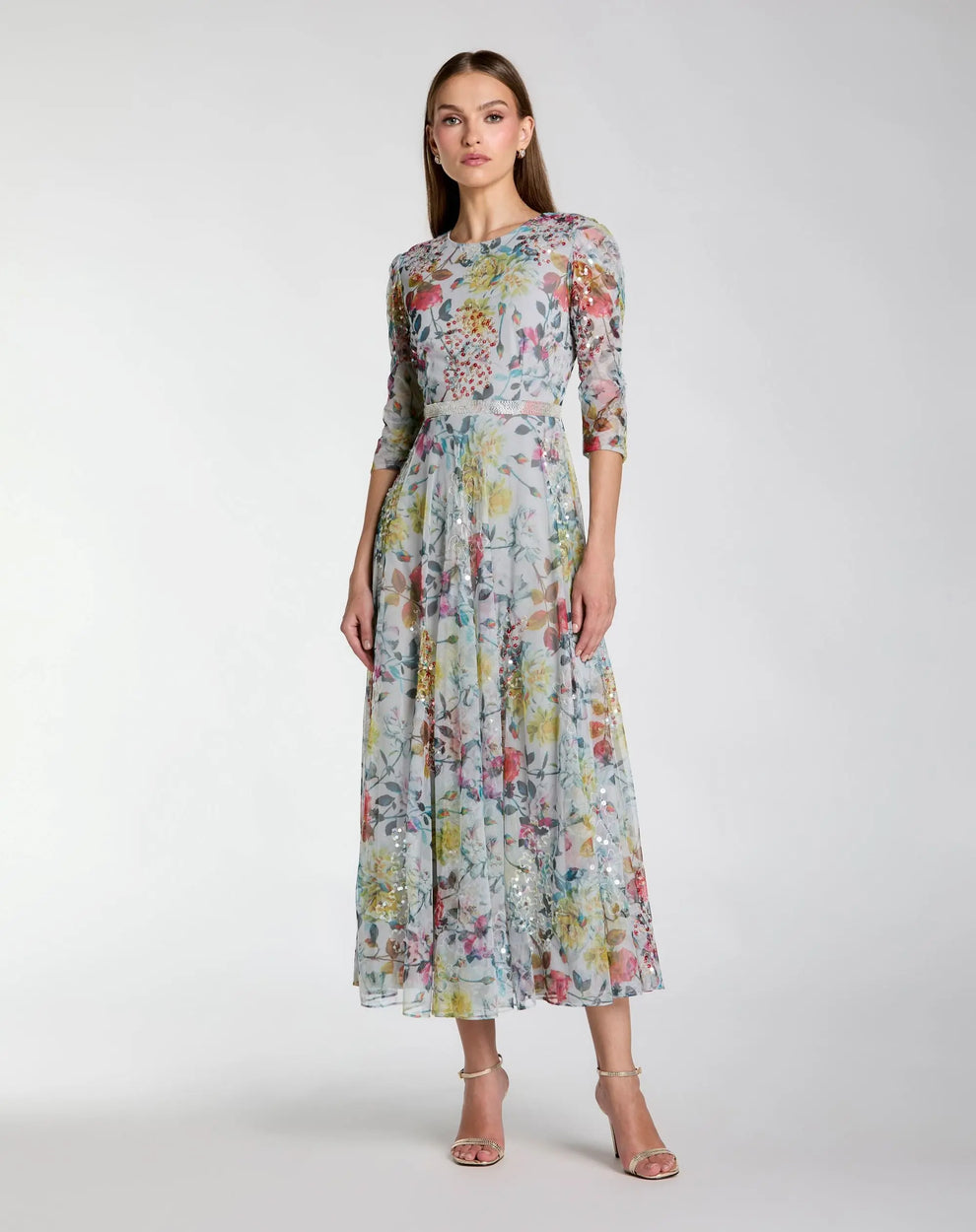 Multi High-Neck Tea-Length Floral Mesh Sequin Cocktail Dress with 3/4 Sleeves Mac Duggal 93793