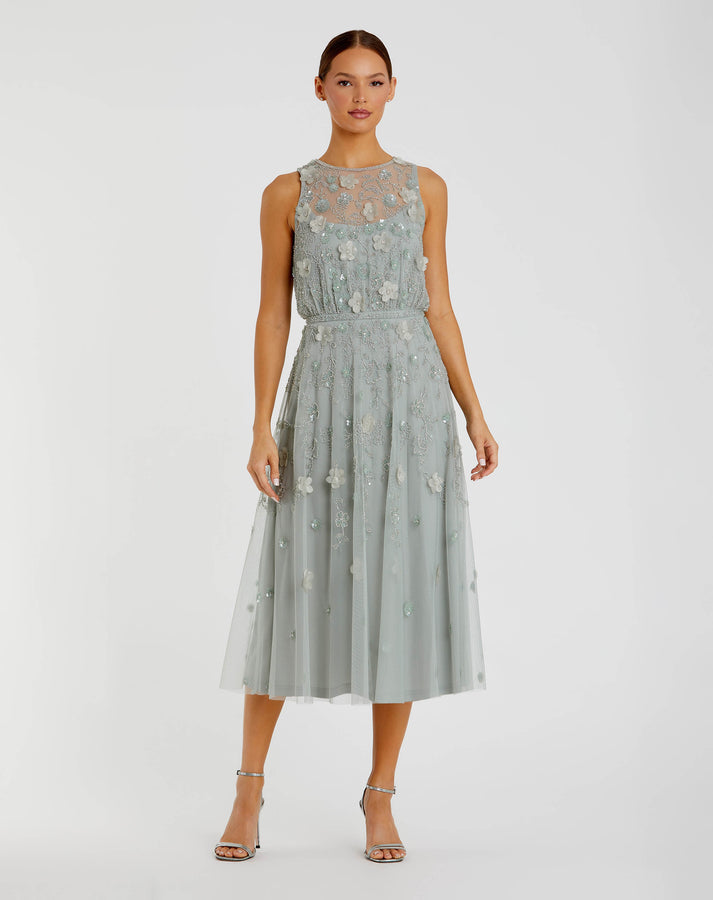 Cocktail Dresses A Line Short Beaded Floral Applique Midi Sequin Prom Dress Mac Duggal 9380 Sage