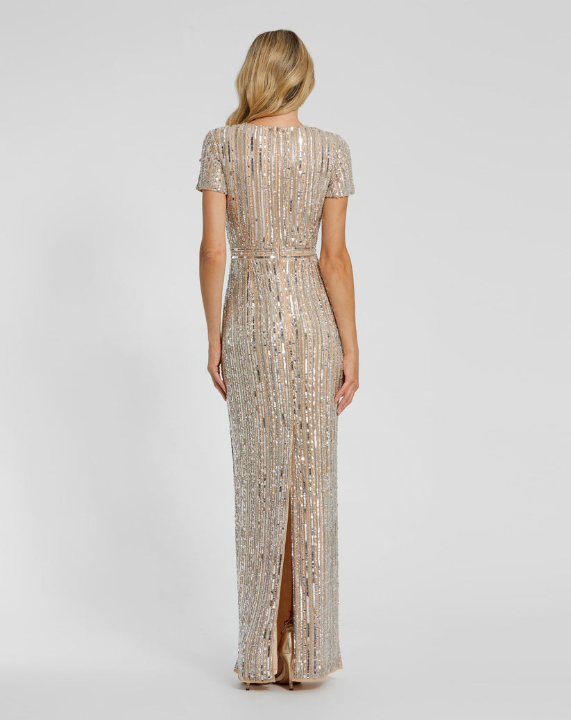High Neck Short Sleeve Embellished Gown