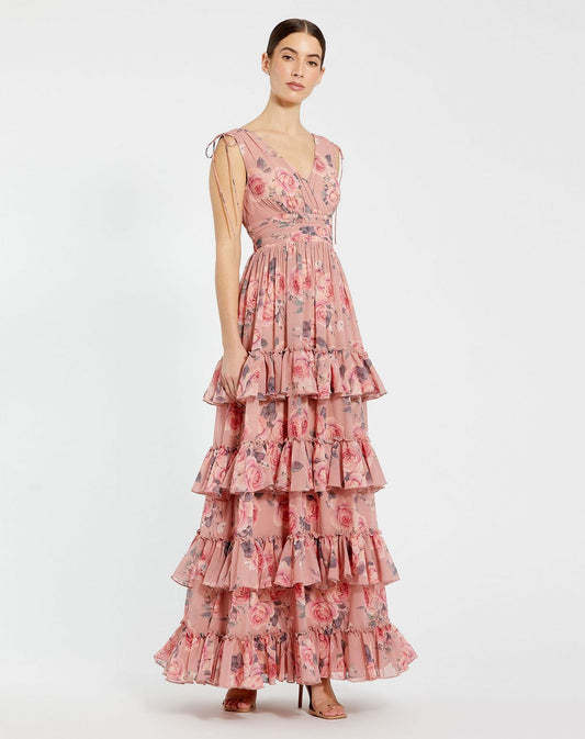 Formal Dresses Long Floral Print Formal A Line Tiered Dress Pink Multi