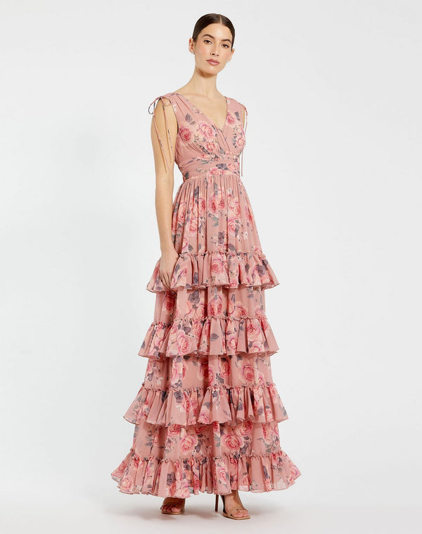 Long Floral Print Formal Tiered Dress A Line Mac Duggal 9386