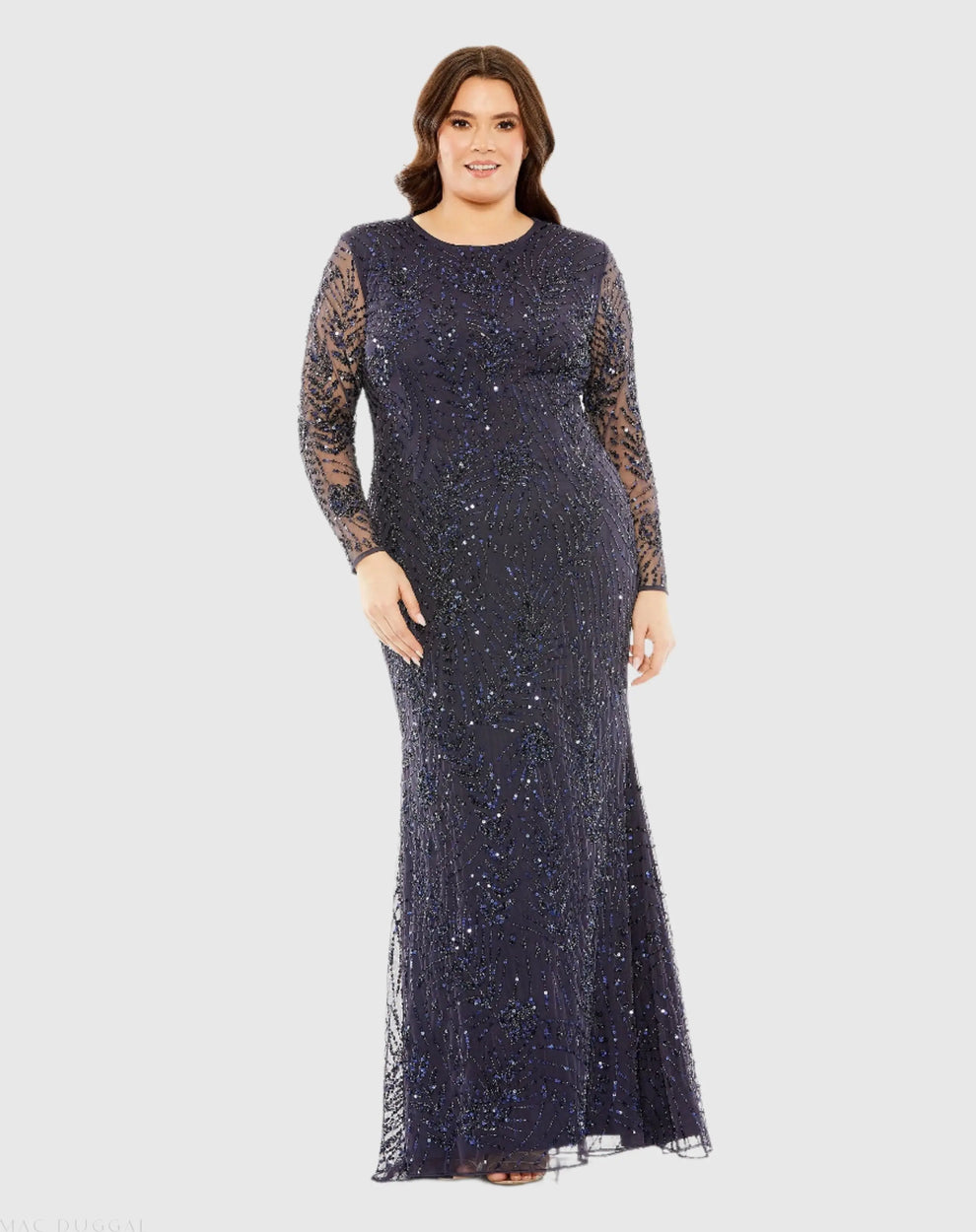 Bateau Long Sequin Evening Gown by Mac Duggal 9388 in Midnight