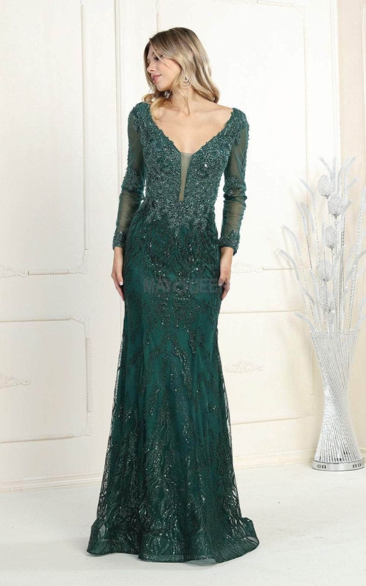 V-Neck Floor-Length Lace Evening Gown Mermaid May Queen RQ7937