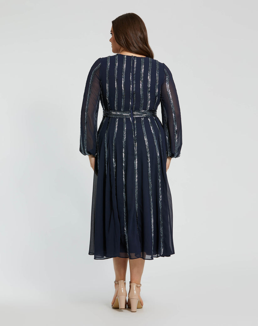 Plus Size Dresses Long Sleeve Plus Size Formal Sequin Midi Length Dress Midnight