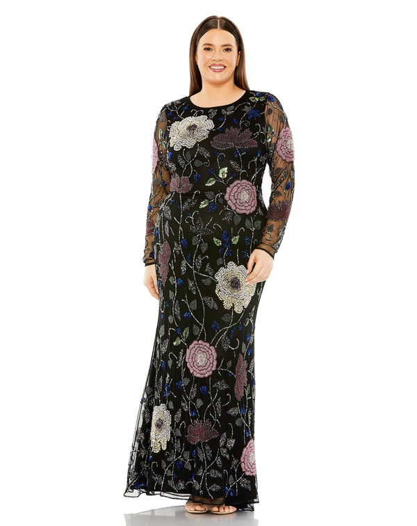 Floral Long Sleeve Plus Size Dress Formal Mac Duggal 94011