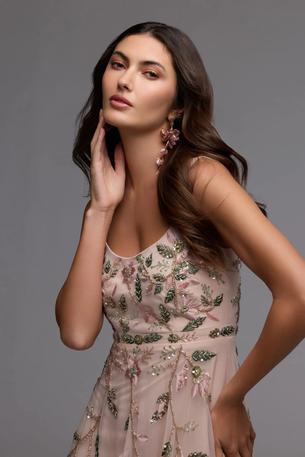 Square Neck Long Floral Embroidered Formal Dress by Mac Duggal 9402 in Porcelain