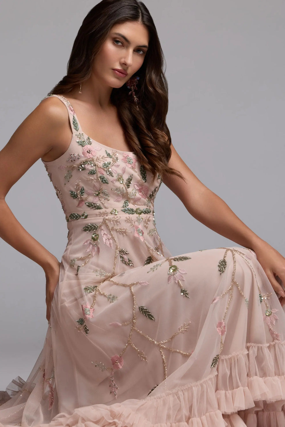 Square Neck Long Floral Embroidered Formal Dress by Mac Duggal 9402 in Porcelain