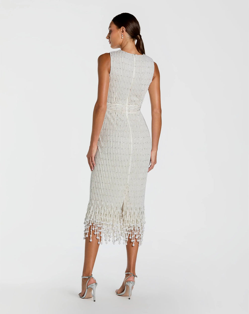 Ivory Round Neck Knee-Length Beaded Cocktail Dress with Pearl Fringe Mac Duggal 94048