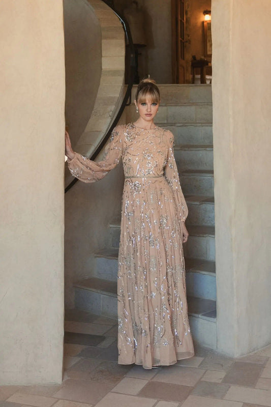 Mother of the Bride Dresses Sequin Long Formal Mother of the Bride Dress Nude Silver