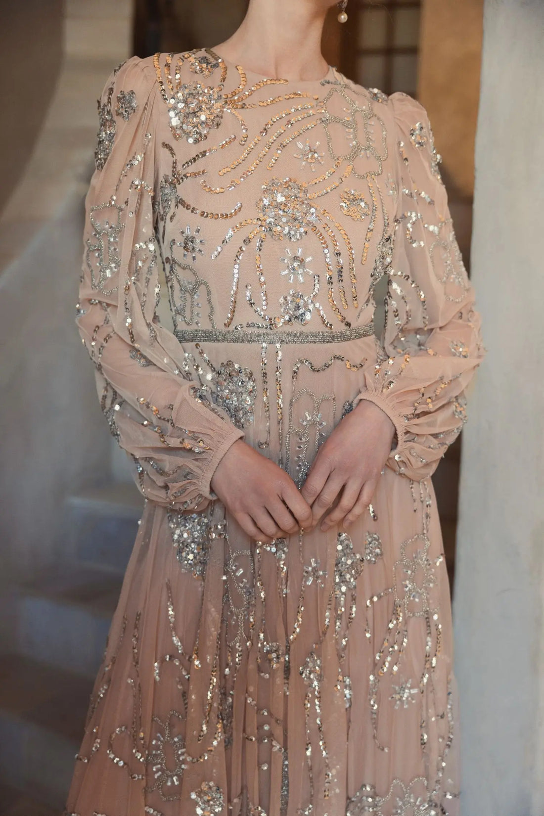 Mother of the Bride Dresses Sequin Long Formal Mother of the Bride Dress Nude Silver