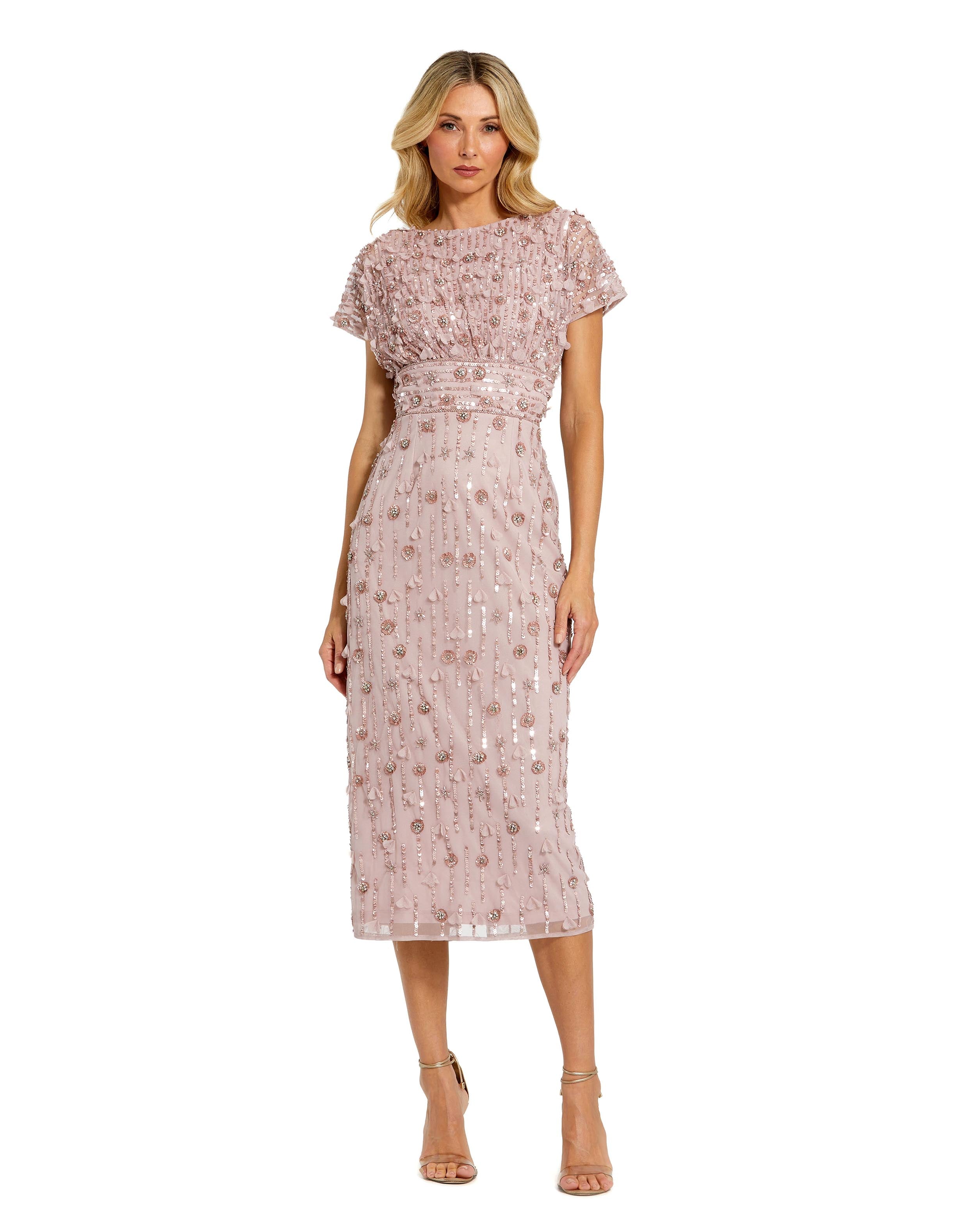 Mac Duggal - Pink Cap Sleeve Sheath Midi Dress with Floral Beading - Vintage Lilac / US 18 Mac Duggal - Pink Cap Sleeve Sheath Midi Dress with Floral Beading - Vintage Lilac / US 18