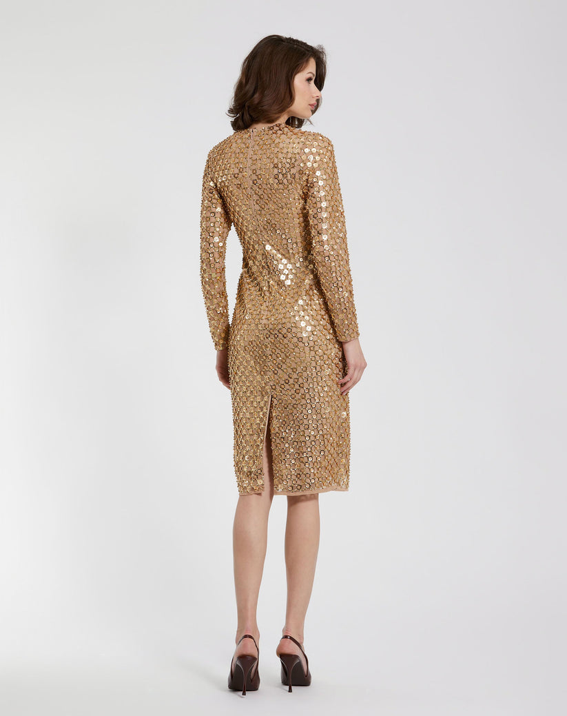 Mac Duggal 94123 Short Beaded Long Sleeve Fitted Midi Dress