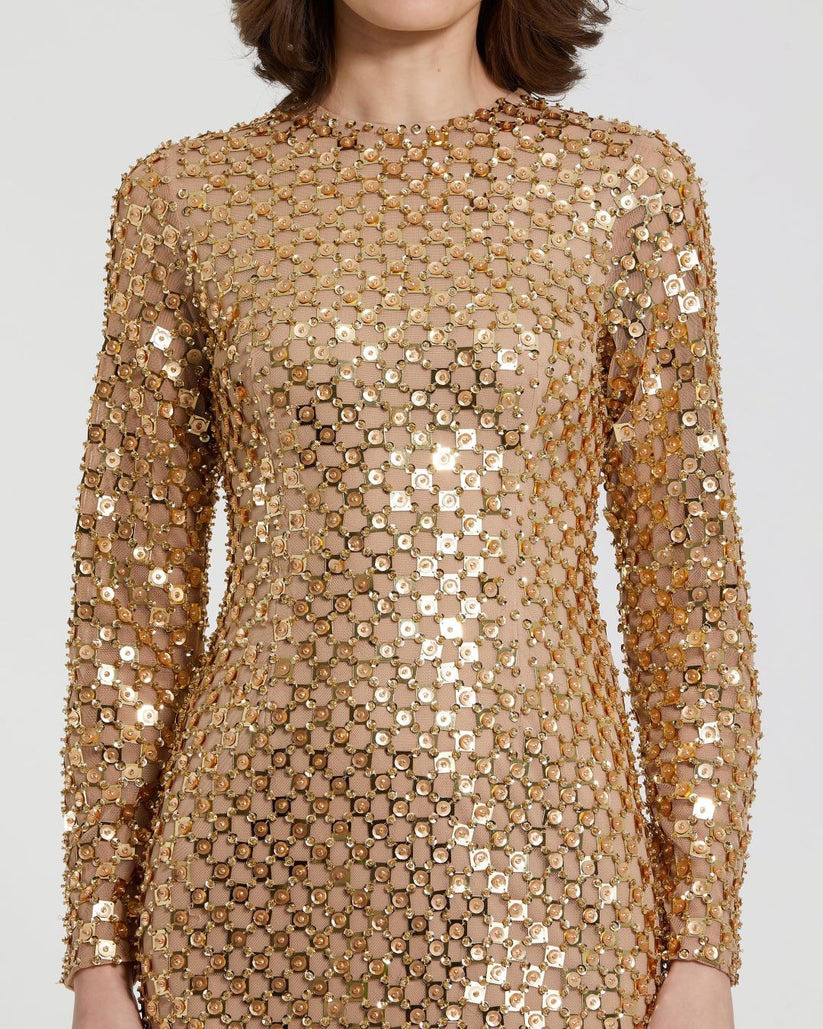 Cocktail Dresses Short Beaded Long Sleeve Fitted Midi Dress Antique Gold