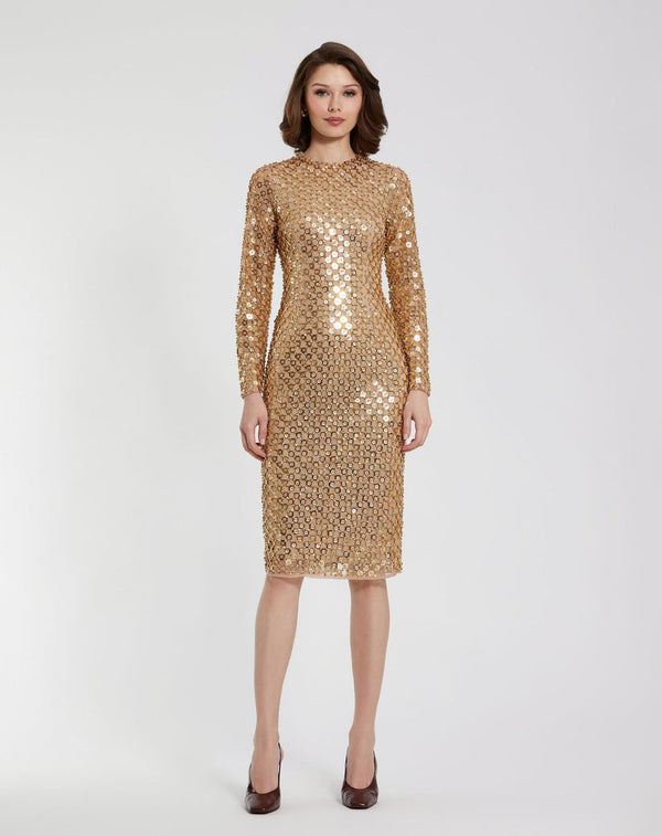 Short Beaded Long Sleeve Dress Fitted Midi Mac Duggal 94123