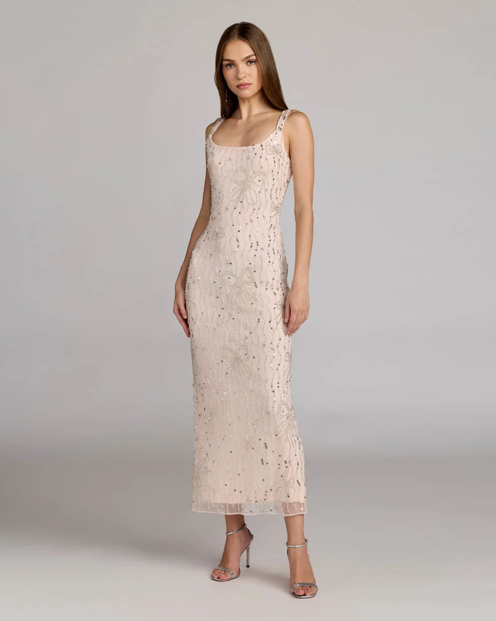 Cocktail Dresses Sequin Pattern Tea Length Beaded Cocktail Dress Blush