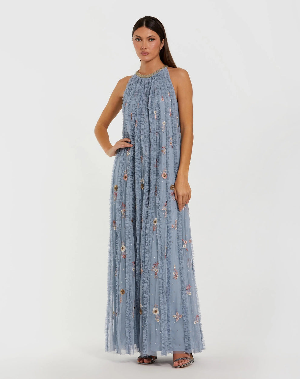 Halter Maxi Embellished Evening Gown by Mac Duggal 9413 in Blue Multi