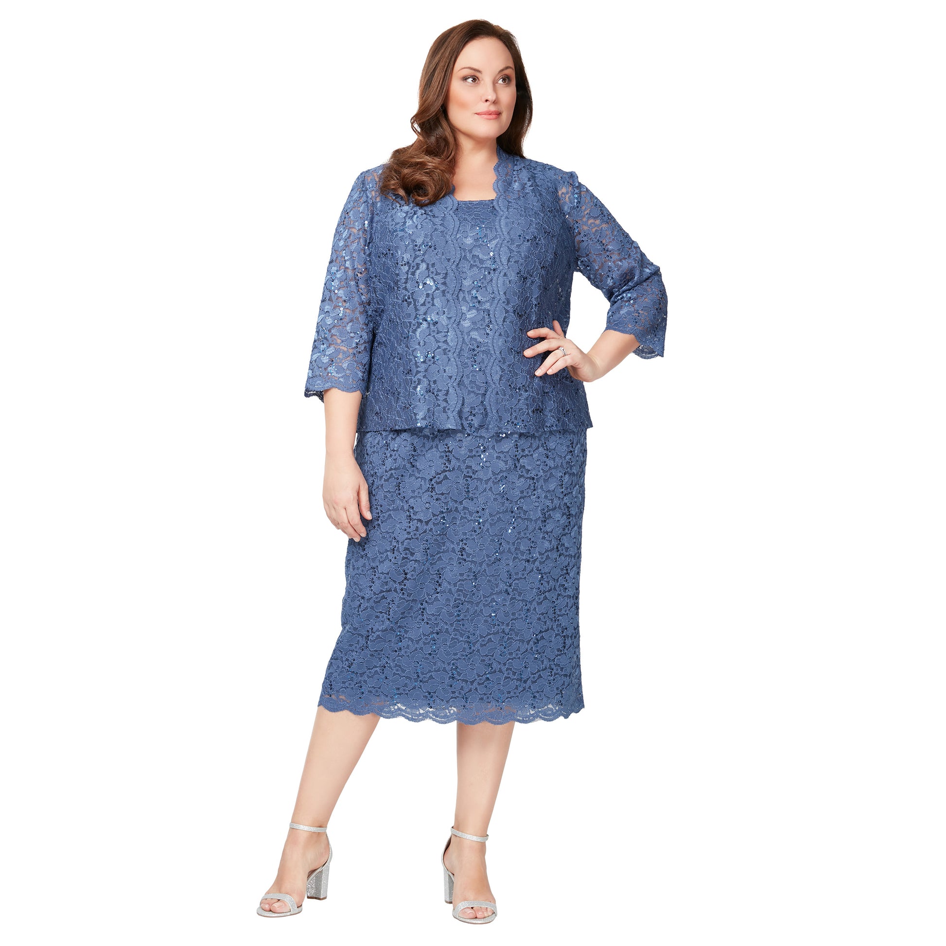 SL Fashions 9413104 Two Piece Plus Size Lace Tea Length Jacket Dress