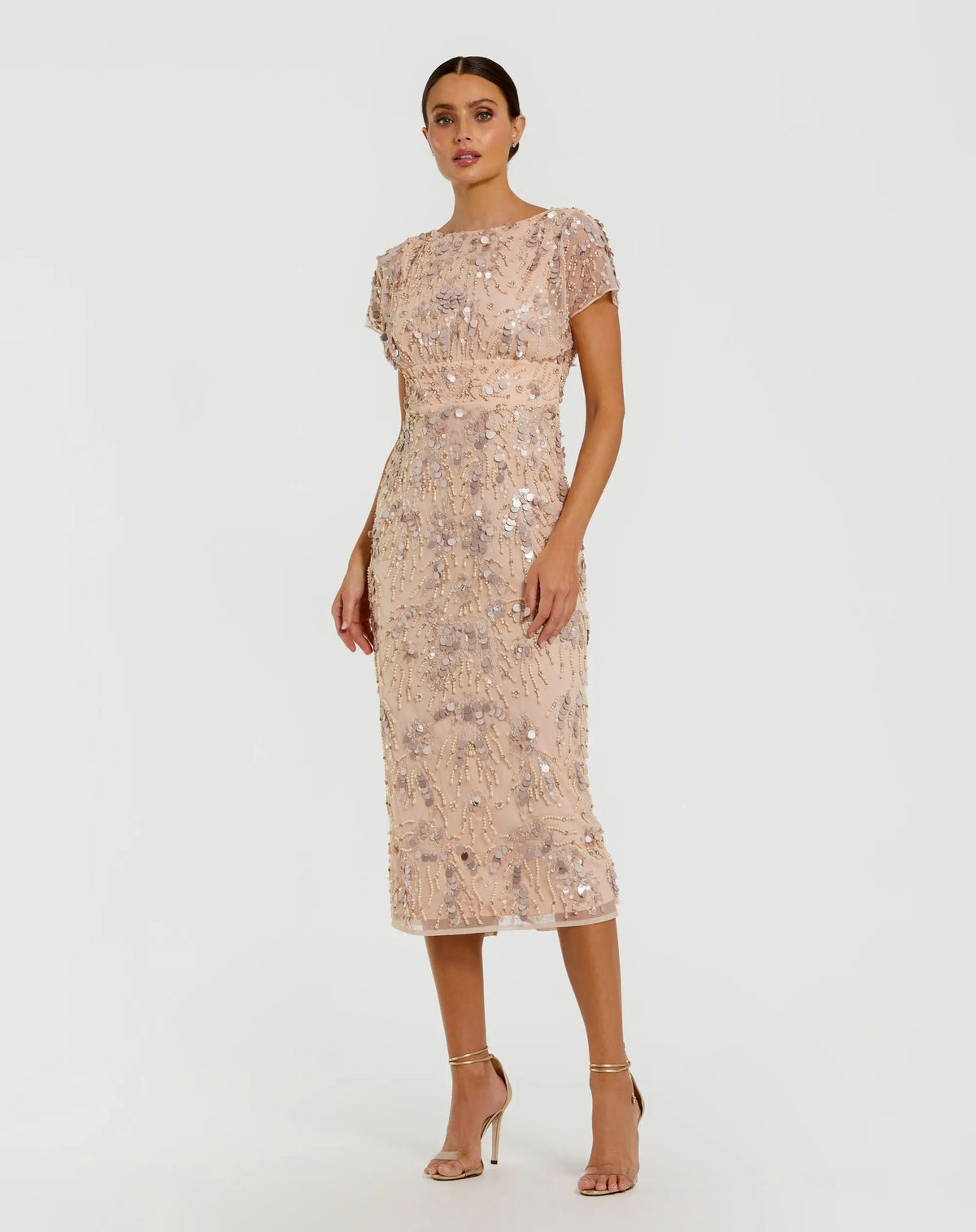 Beaded Tea Length Dress Cocktail Midi Mac Duggal 94150 Blush front view