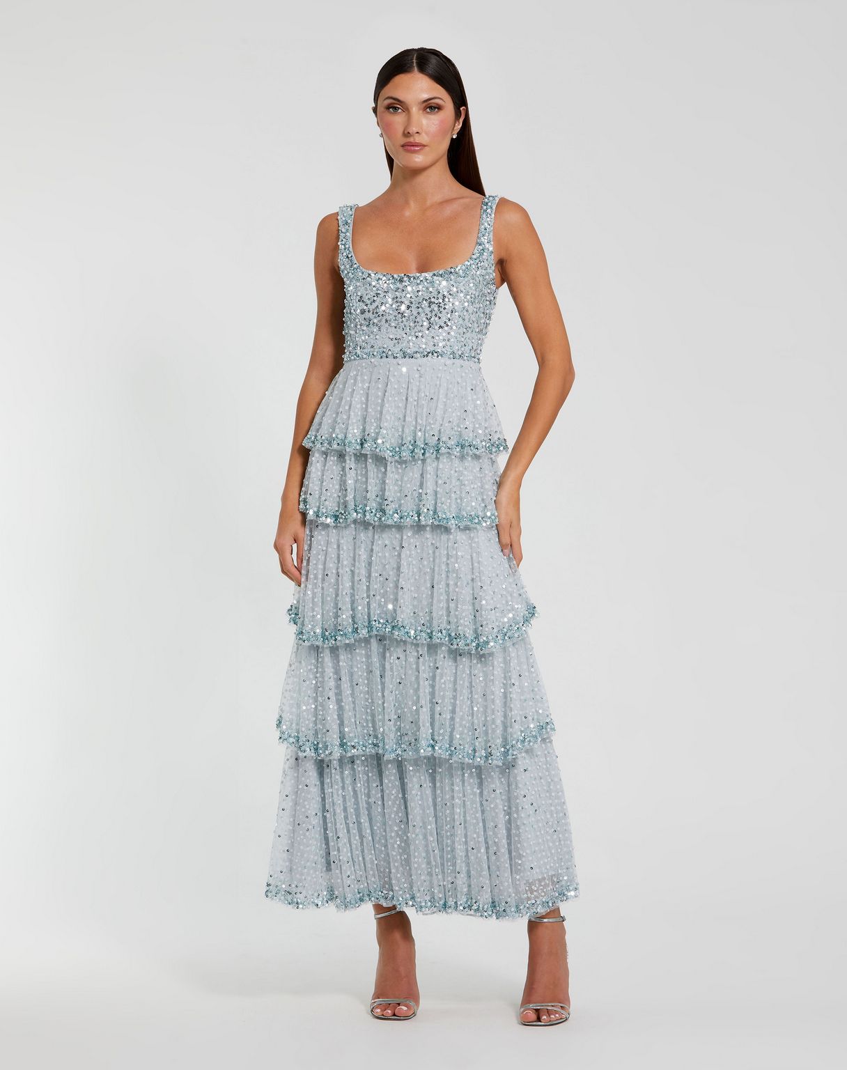Formal Dresses Tea Length Formal Layered Ruffle Evening Dress Powder Blue