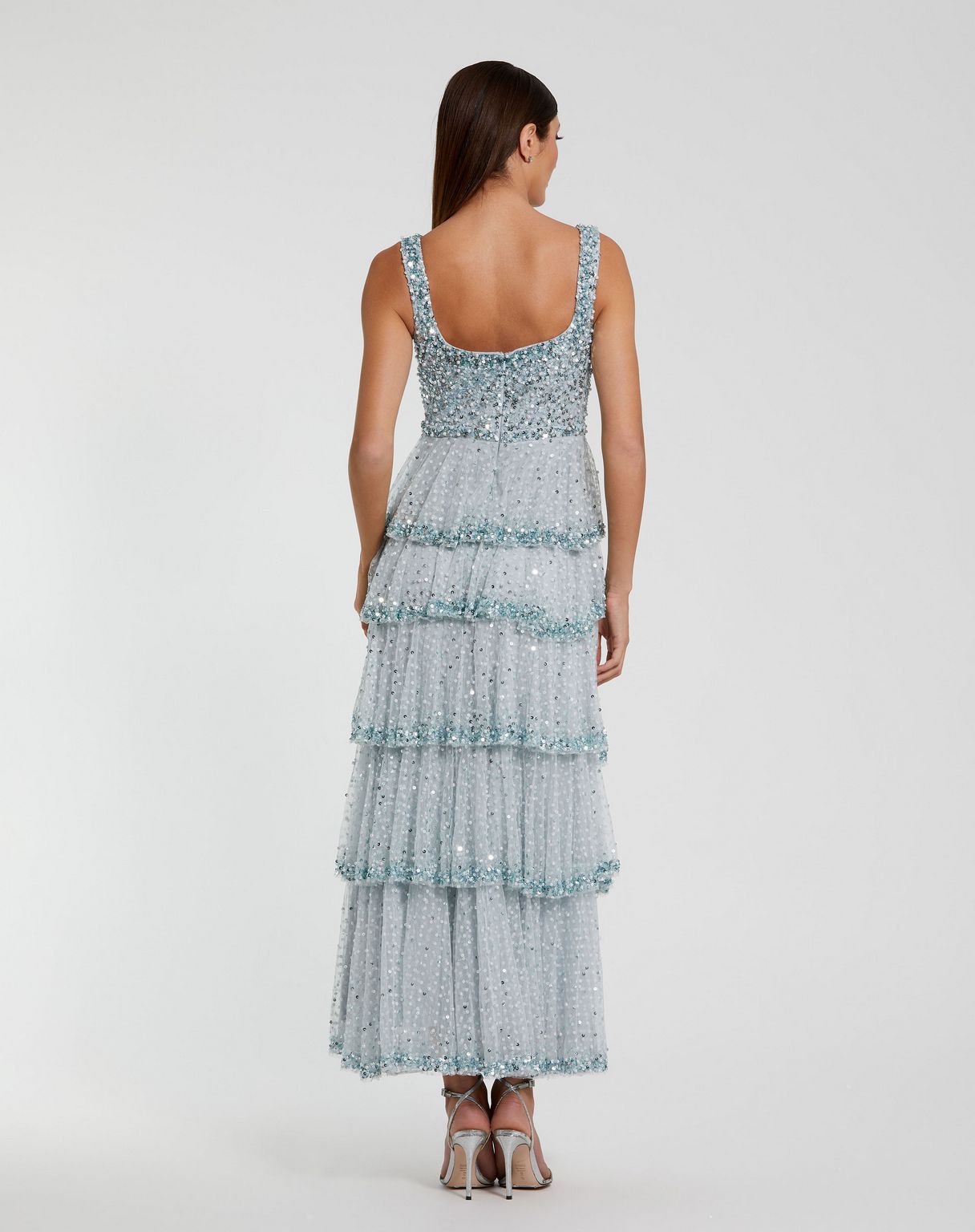 Mac Duggal 94165 Tea Length Formal Layered Ruffle Evening Dress