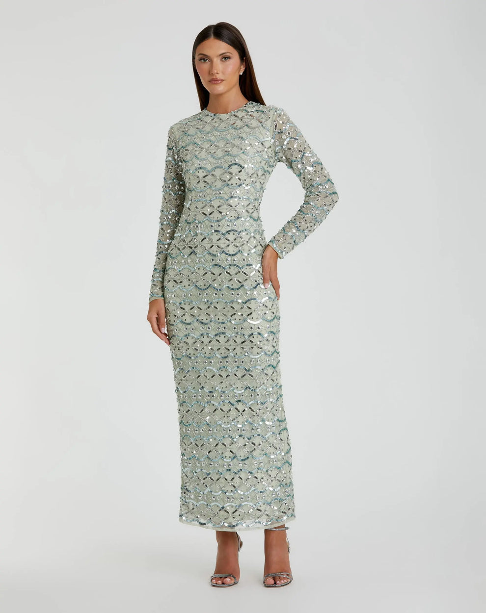 Mother of the Bride Dresses Sequin Long Sleeve Beaded Mother of the Bride Dress Mac Duggal 94194 Jade