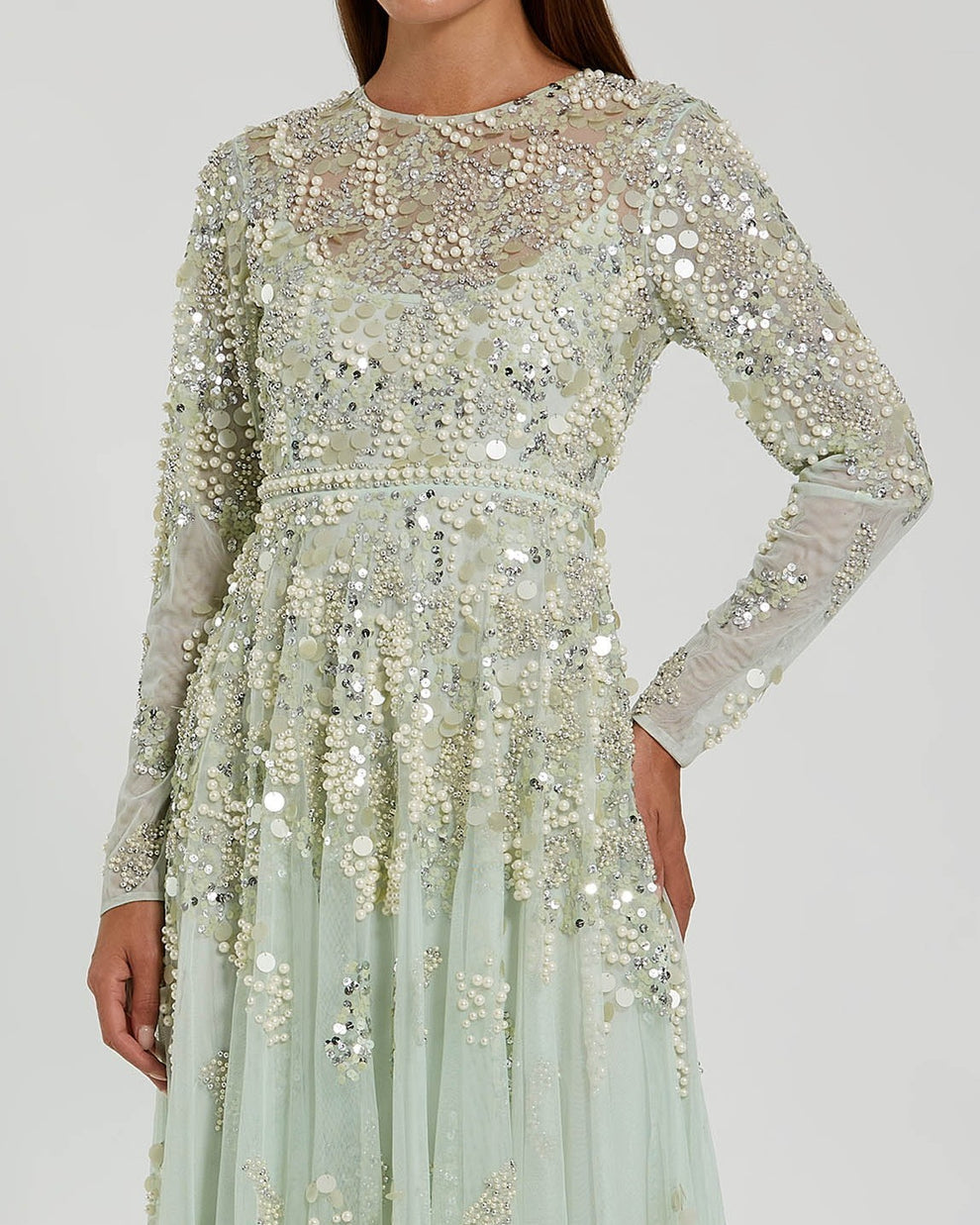 Mother of the Bride Dresses Sequin Formal Long Sleeve A Line Mother of the Bride Dress Mac Duggal 94215 Sage