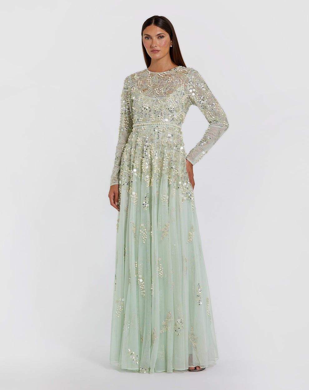 Mother of the Bride Dresses Sequin Formal Long Sleeve A Line Mother of the Bride Dress Mac Duggal 94215 Sage