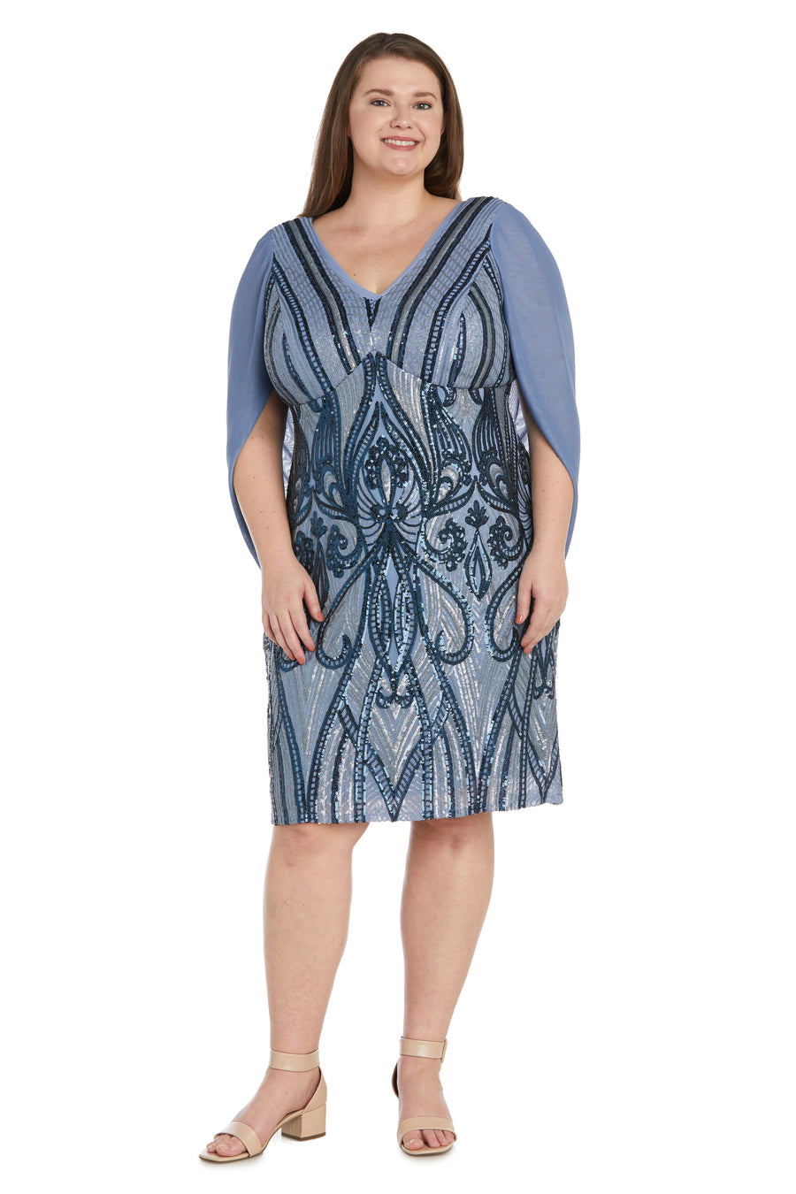 R&M Richards 9422W Sequin Cocktail Cape Plus Size Short Dress
