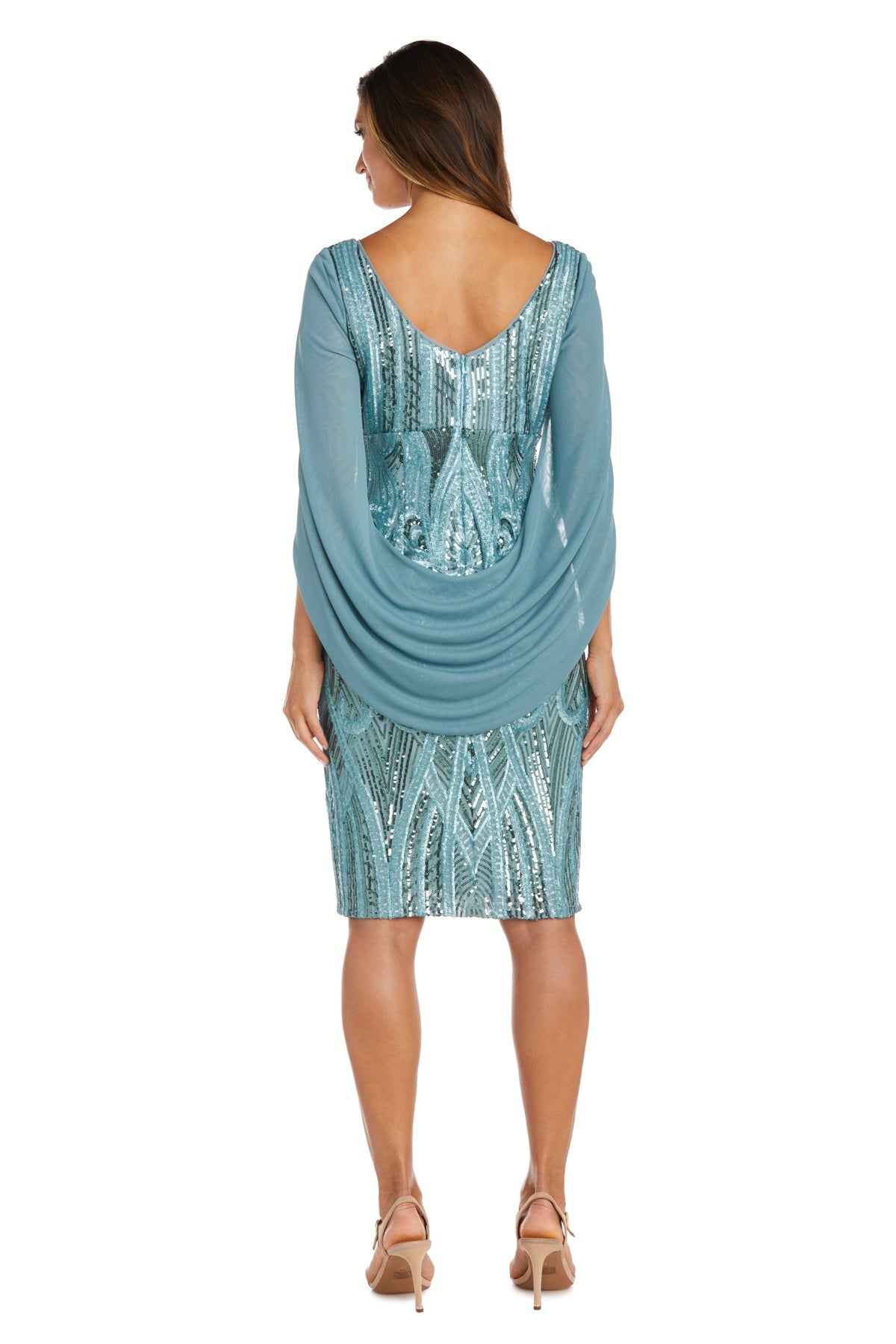 R&M Richards 9422P Short Sequin Cocktail Cape Petite Dress