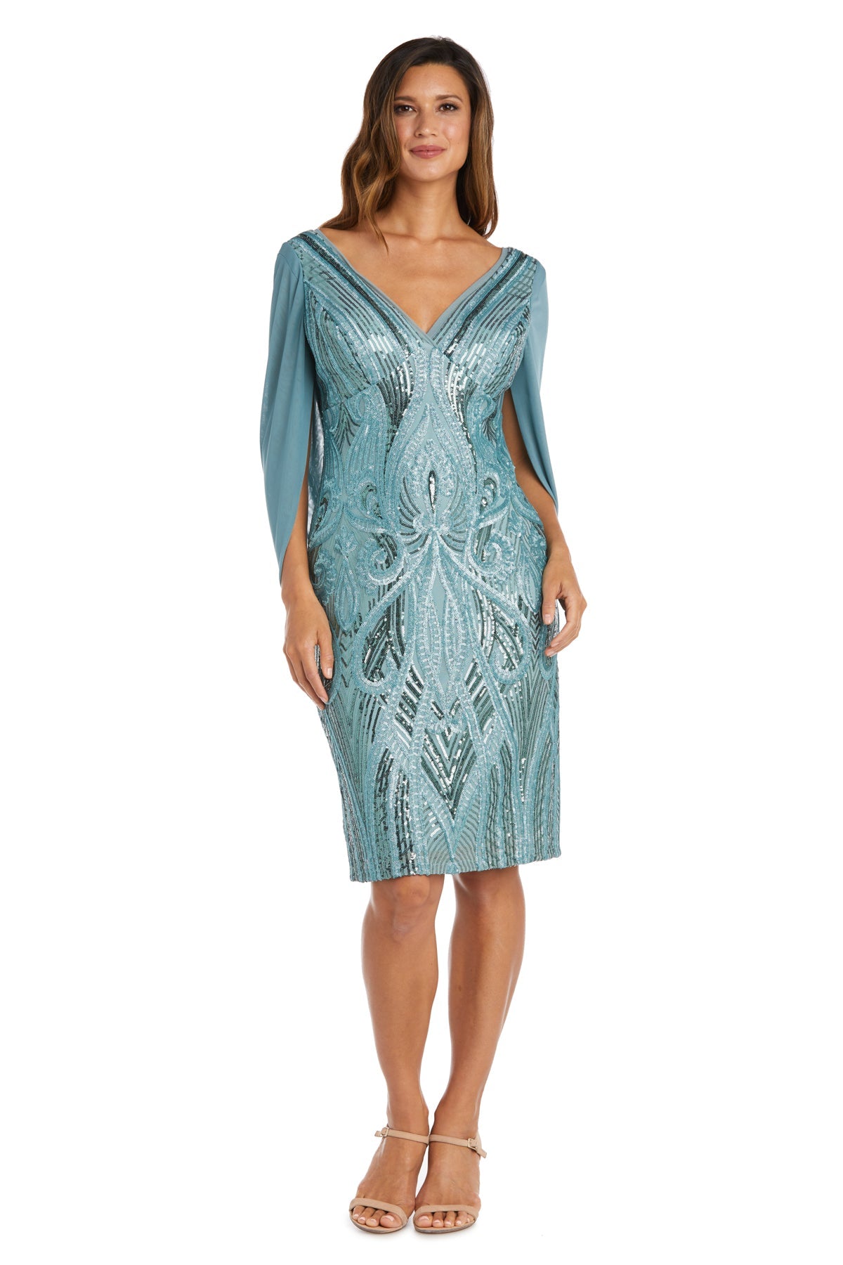 R&M Richards 9422P Short Sequin Cocktail Cape Petite Dress