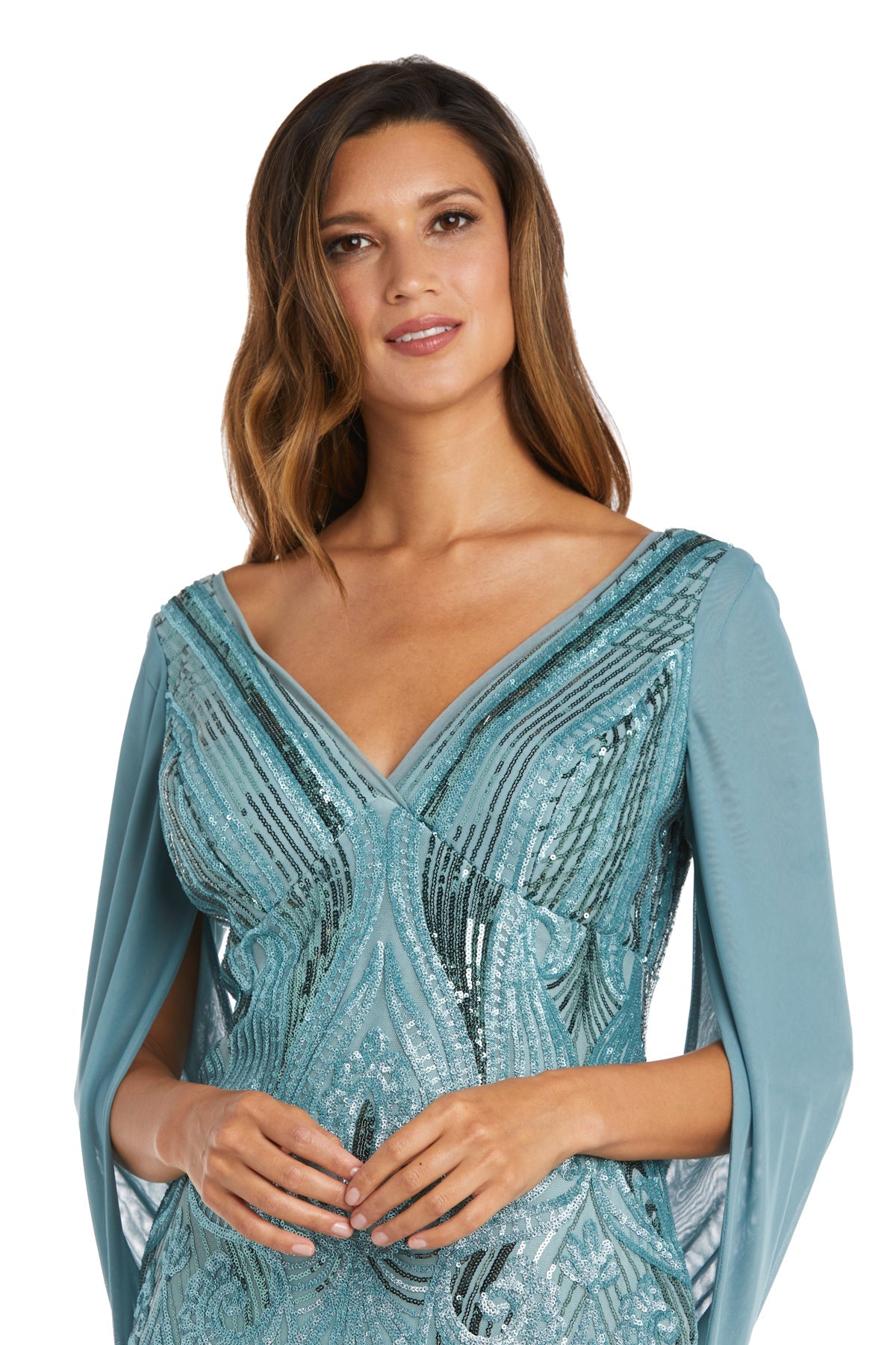 R&M Richards 9422P Short Sequin Cocktail Cape Petite Dress