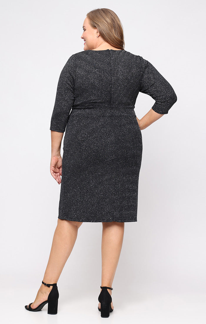 Black V-Neck Knee-Length Glitter Knit Cocktail Dress with Ruffle Trim SL Fashions 9427307