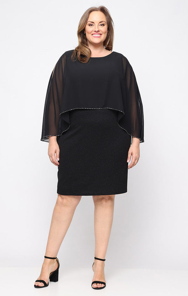 Scoop Knee-Length Glitter Knit Cocktail Dress with Chiffon Pop Over SL Fashions 9427320