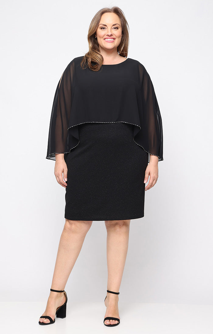 Black Scoop Knee-Length Glitter Knit Cocktail Dress with Chiffon Pop Over SL Fashions 9427320