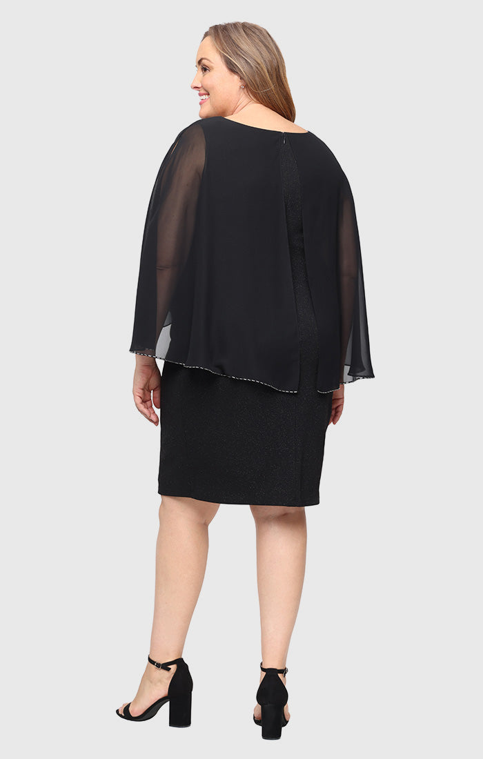 Black Scoop Knee-Length Glitter Knit Cocktail Dress with Chiffon Pop Over SL Fashions 9427320