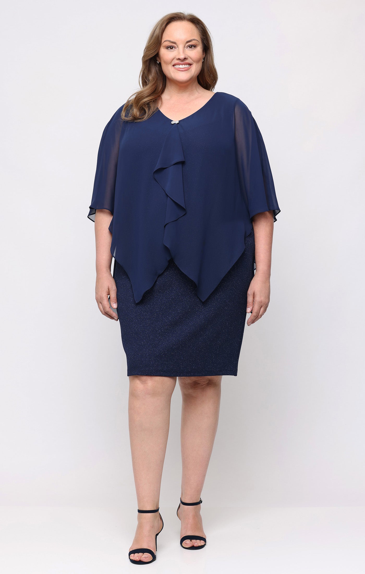Navy SL Fashions 9427340 V-Neck Knee-Length Glitter Cocktail Dress Capelet