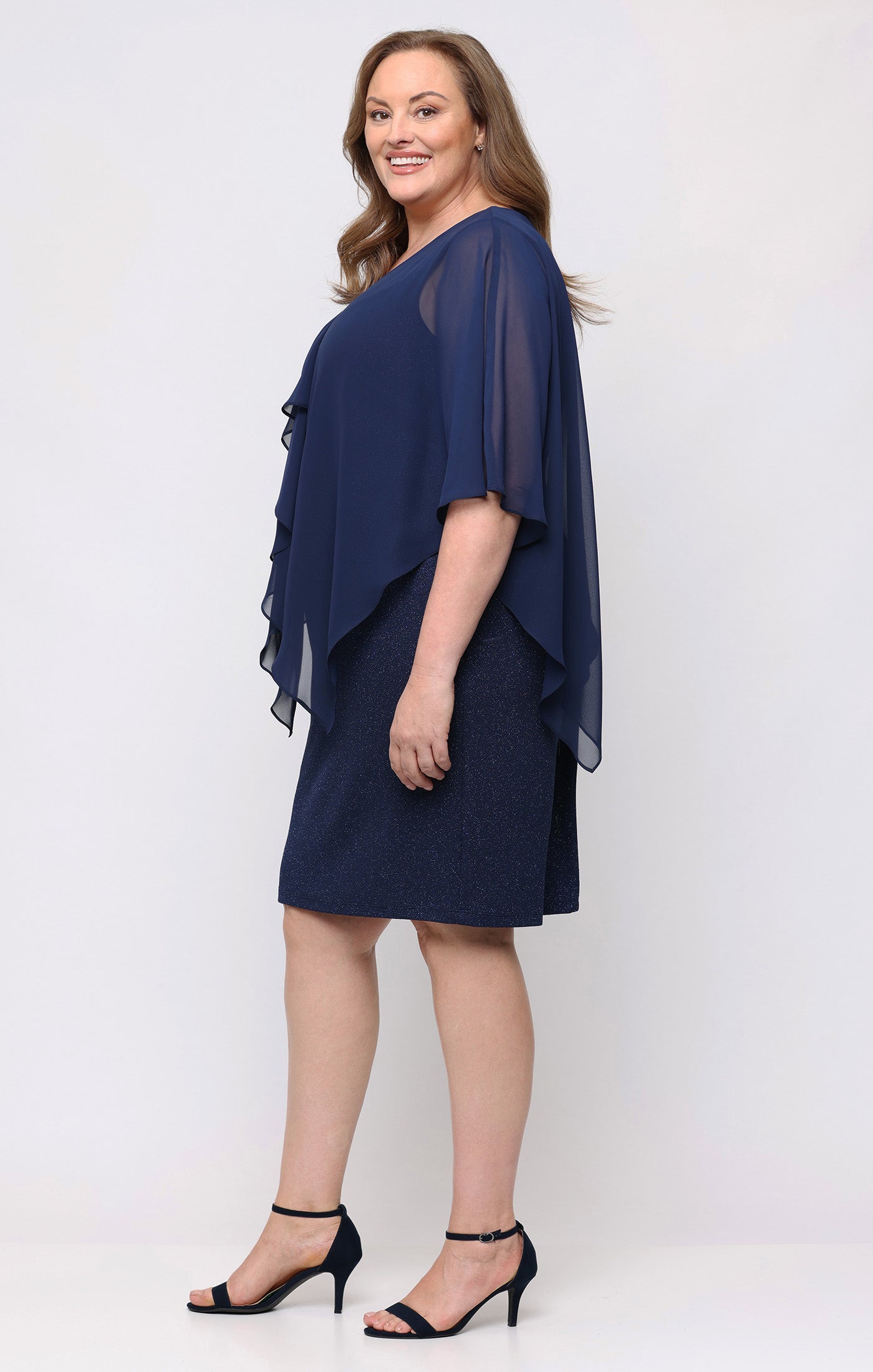 Navy SL Fashions 9427340 V-Neck Knee-Length Glitter Cocktail Dress Capelet