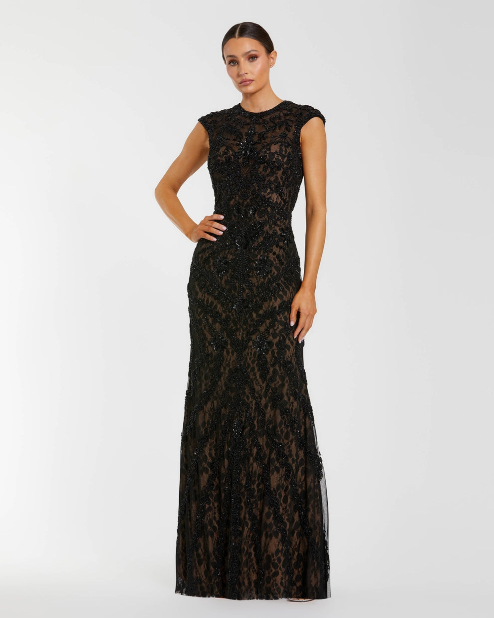 Formal Dresses Floral Beaded Long Sequin Formal Dress Black Nude