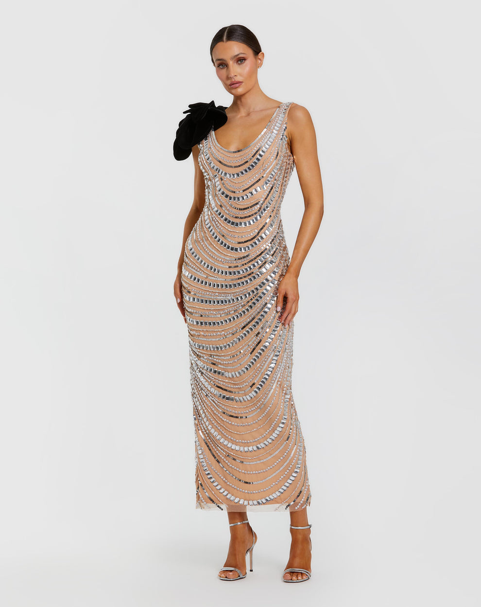 Cocktail Dresses Sequin Beaded Midi Cocktail Dress Silver Nude