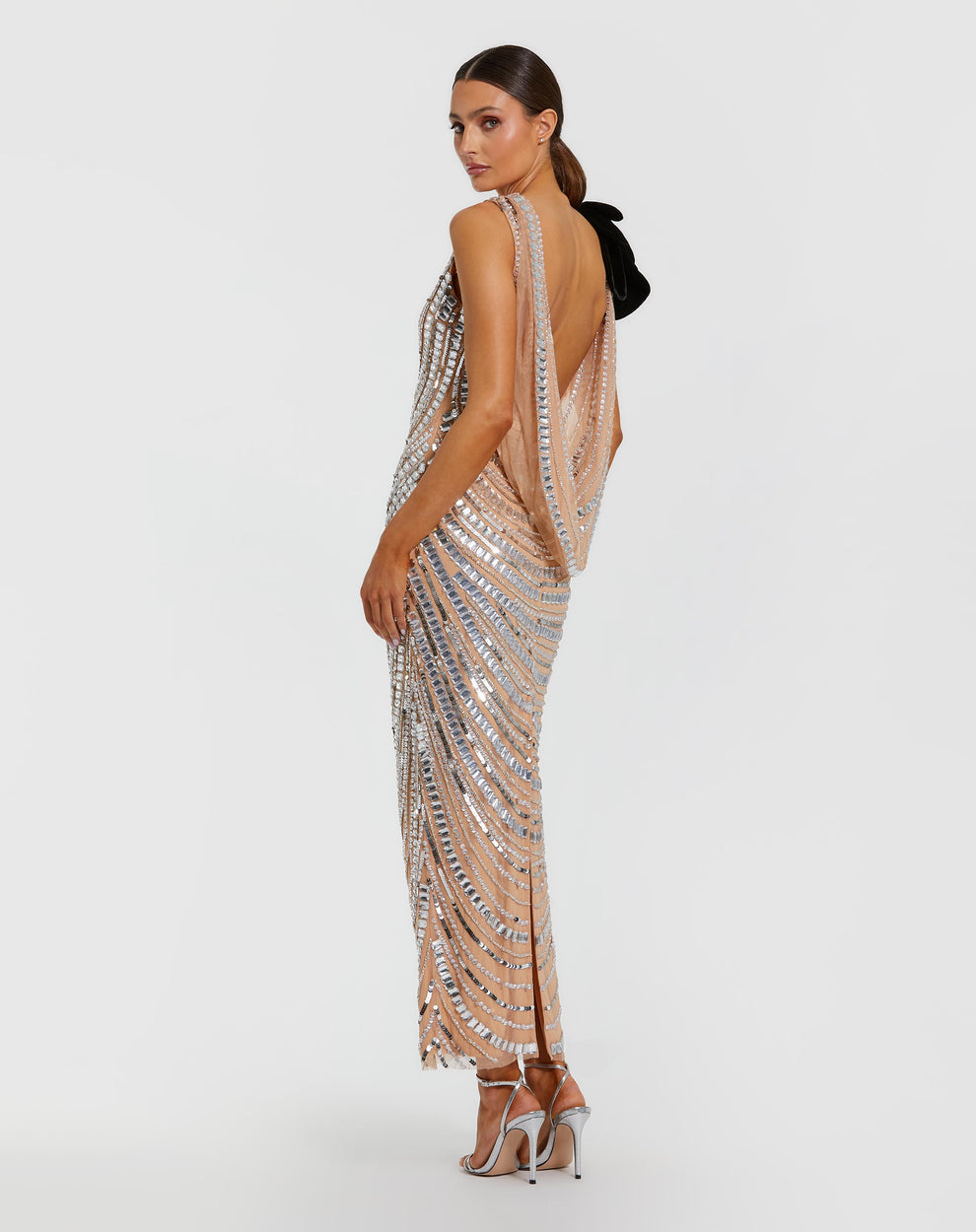 Cocktail Dresses Sequin Beaded Midi Cocktail Dress Silver Nude