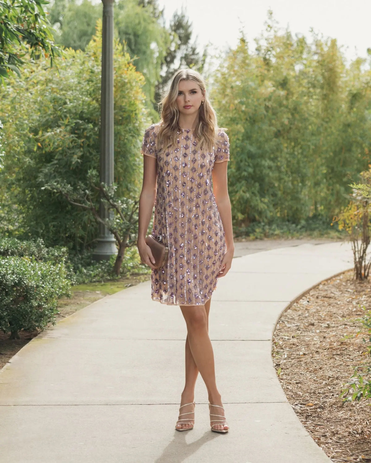 Cocktail Dresses Beaded Short Cocktail Mini Dress Nude Lilac