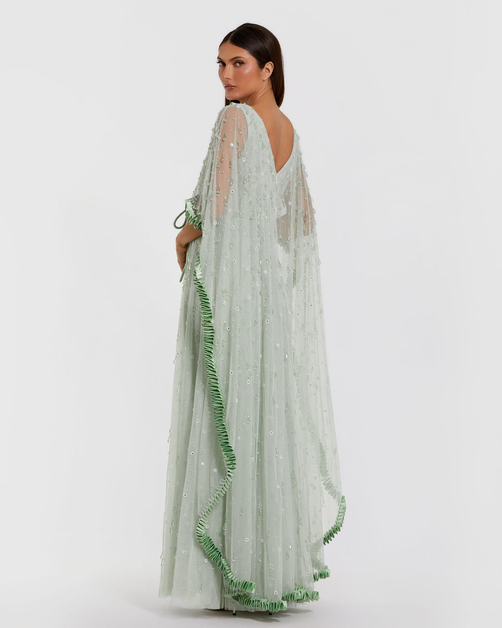 Mother of the Bride Dresses Beaded Cape Long Formal Ruffle Mother of the Bride Dress Mac Duggal 94294 Jade