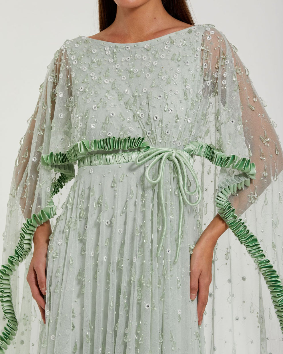 Mother of the Bride Dresses Beaded Cape Long Formal Ruffle Mother of the Bride Dress Mac Duggal 94294 Jade