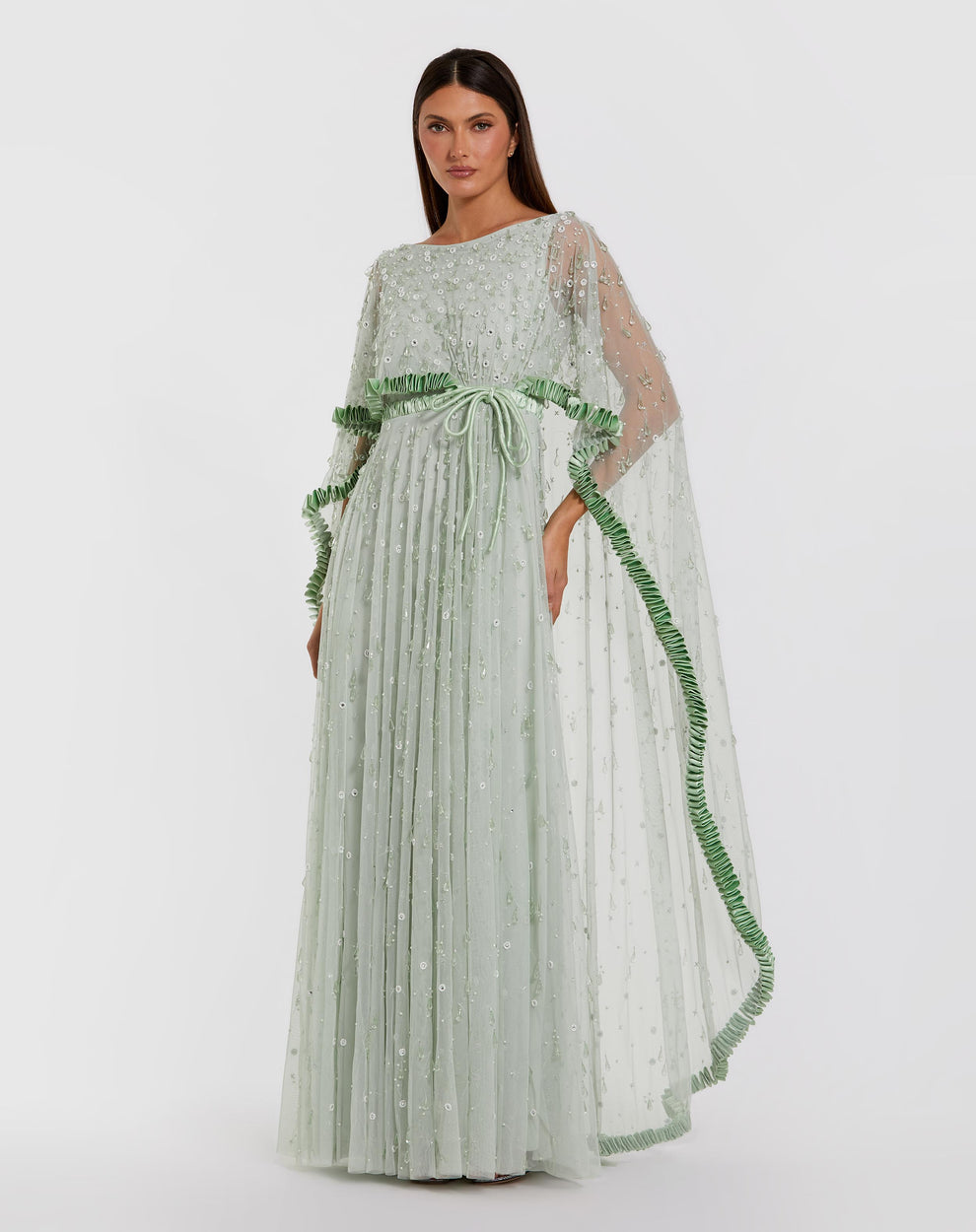 Mother of the Bride Dresses Beaded Cape Long Formal Ruffle Mother of the Bride Dress Mac Duggal 94294 Jade