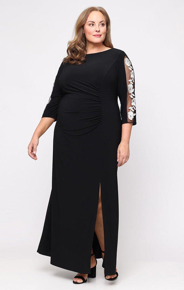Bateau Floor-Length Jersey Formal Gown with Embroidered Illusion Sleeves SL Fashions 9435262