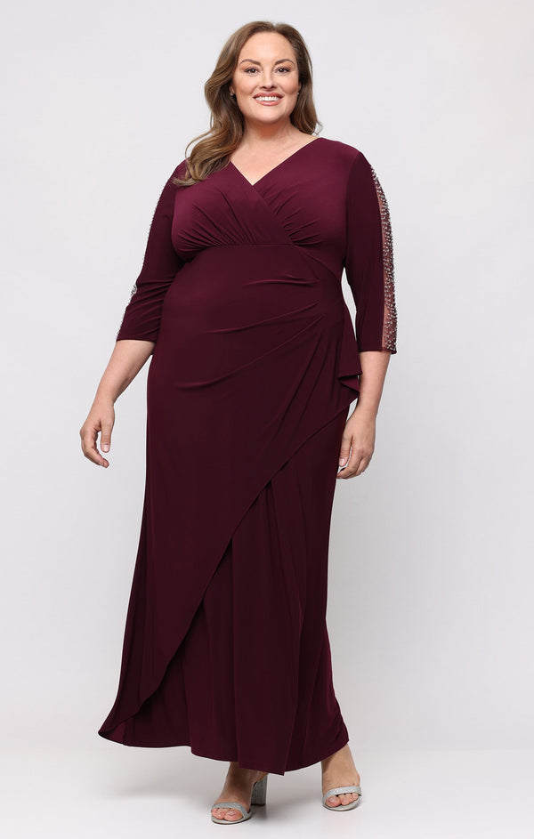 SL Fashions 9435280 V Neck Floor-Length Jersey Evening Dress Beaded