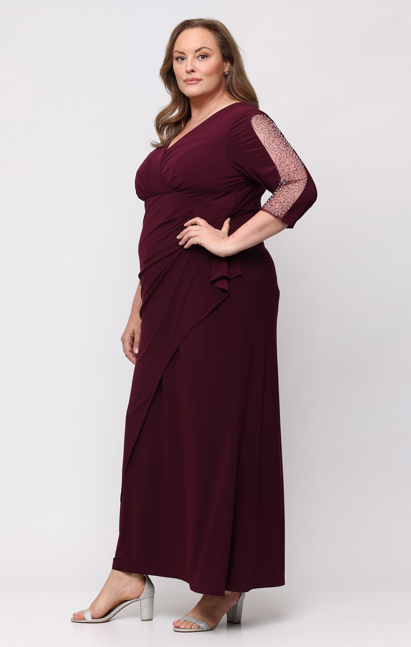 Fig SL Fashions 9435280 V Neck Floor-Length Jersey Evening Dress Beaded