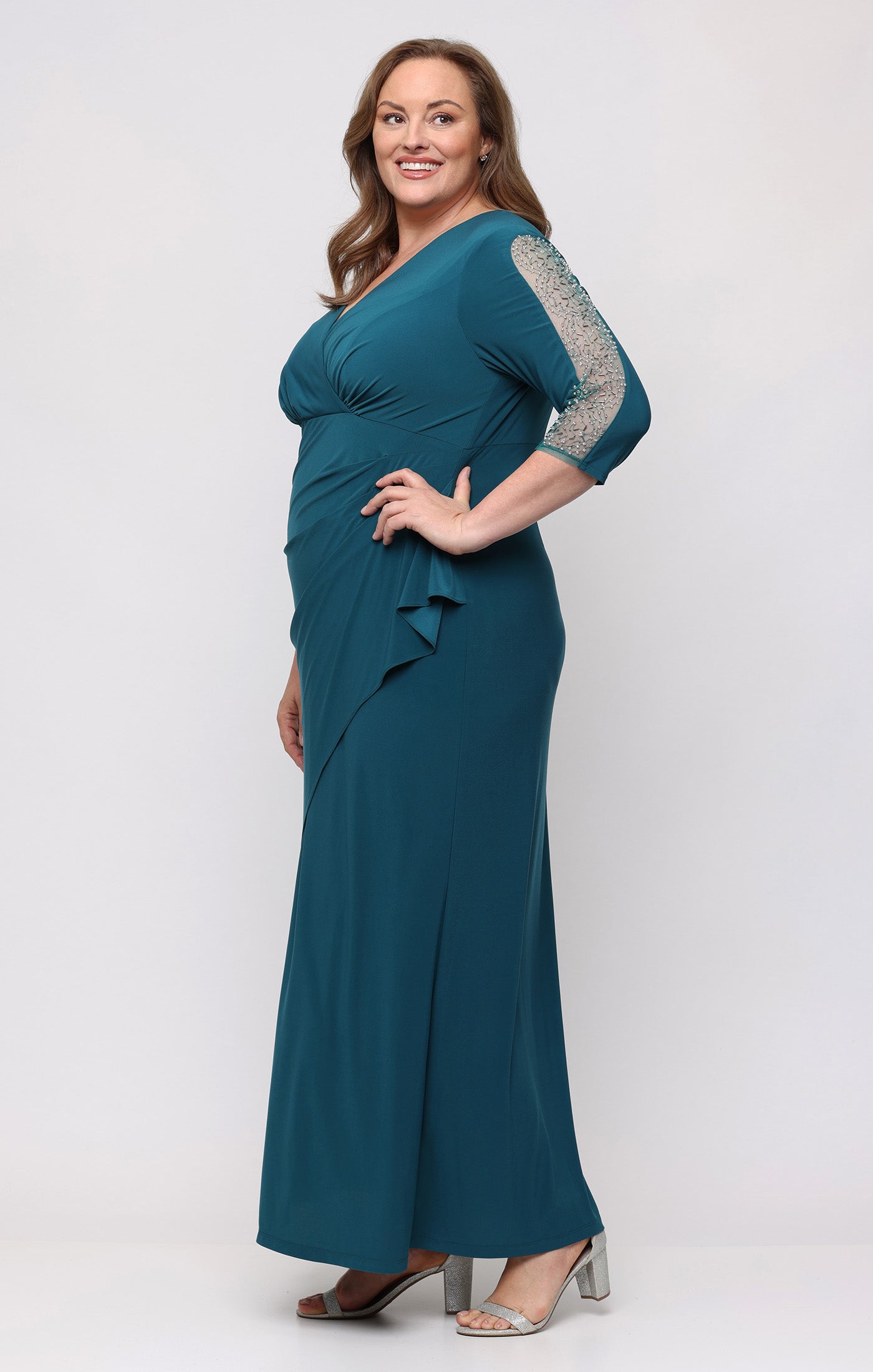 Mallard SL Fashions 9435280 V Neck Floor-Length Jersey Evening Dress Beaded