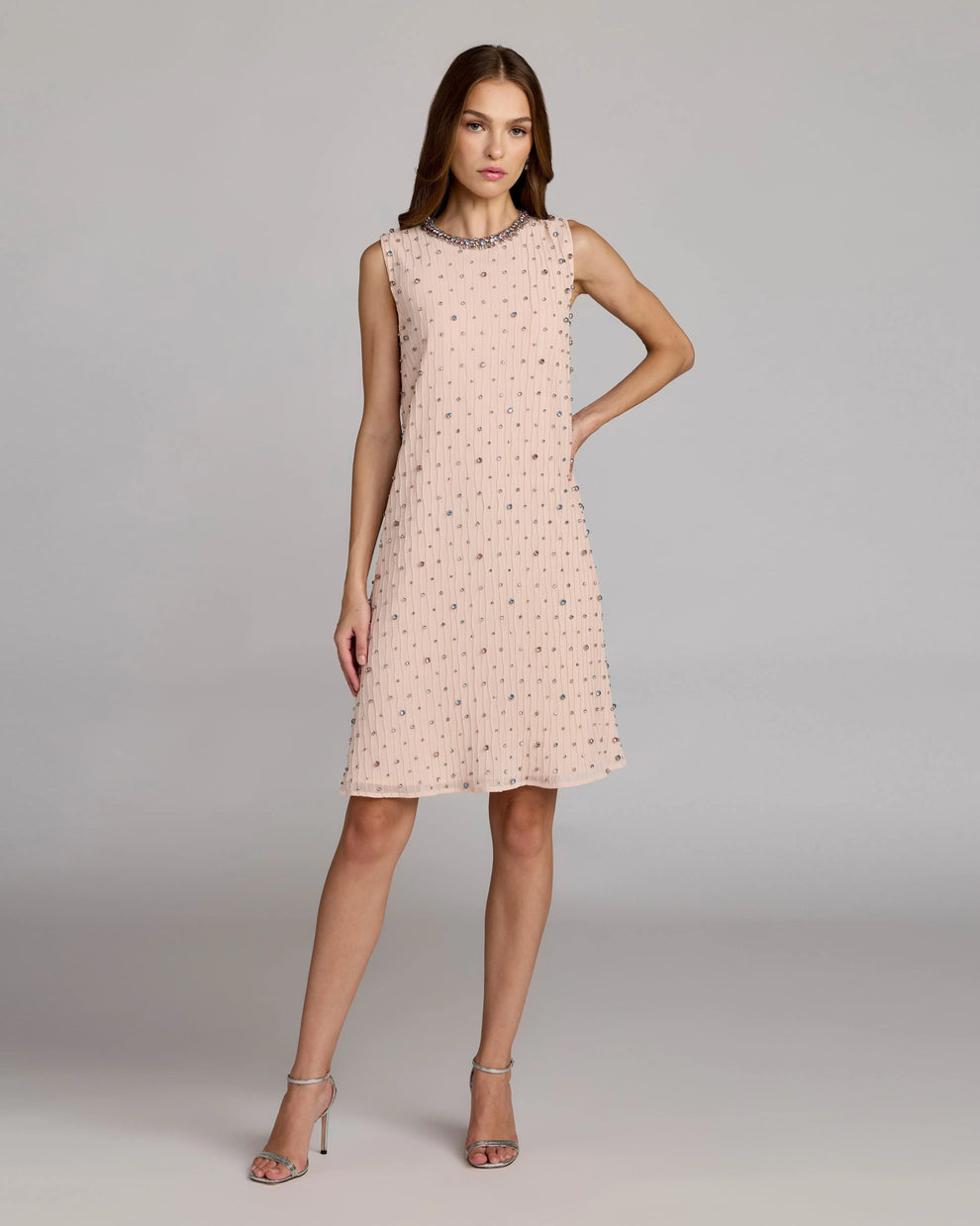 Jewel Neck Sleeveless Beaded Shift Dress by Mac Duggal 94354 in Blush Multi