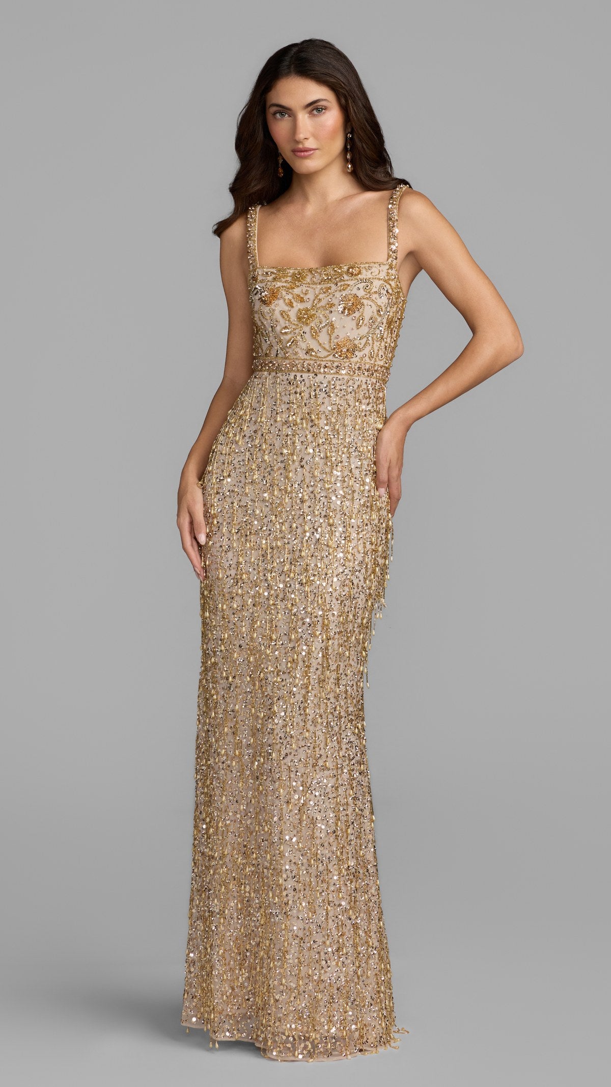 Mac Duggal style 94392 in Golden Pearl, front view